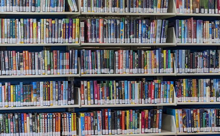 Library shelves filled with reading materials